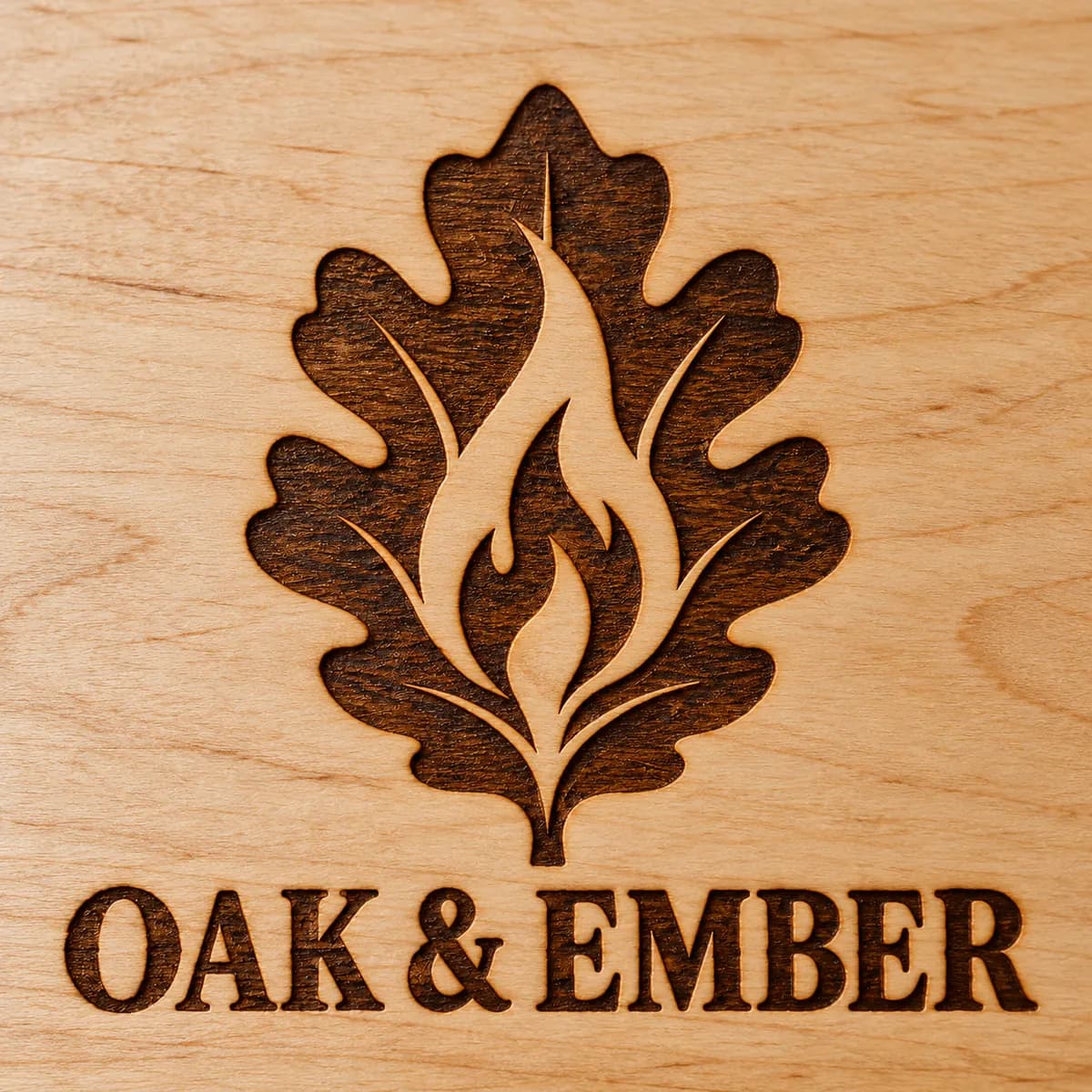 Oak leaf and flame logo laser engraved into a maple board