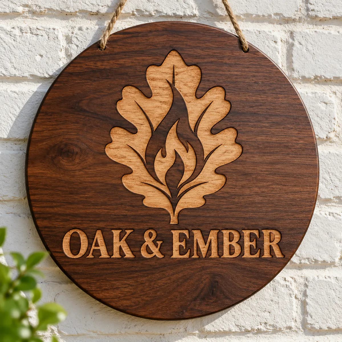 Oak leaf and flame logo laser engraved on a round walnut sign