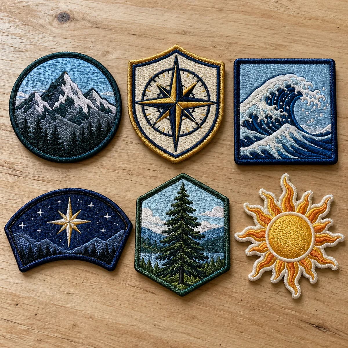 Set of embroidered patches in different shapes
