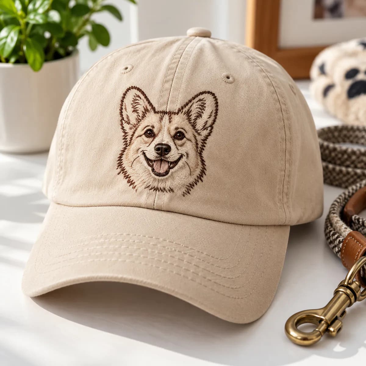 Dog line art embroidered on a cap