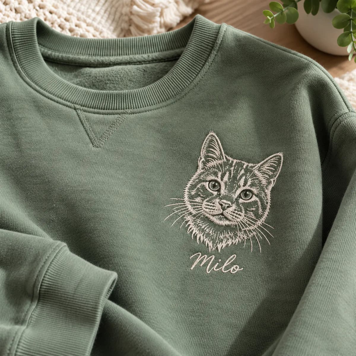 Cat line art embroidery portrait