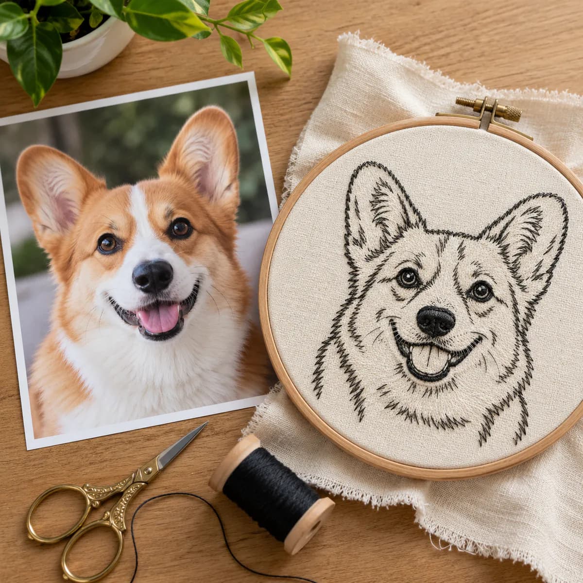 Pet photo beside its finished line art embroidery