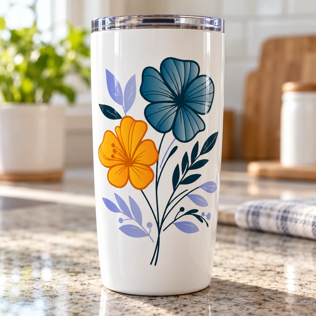 Floral vinyl decal on a white tumbler