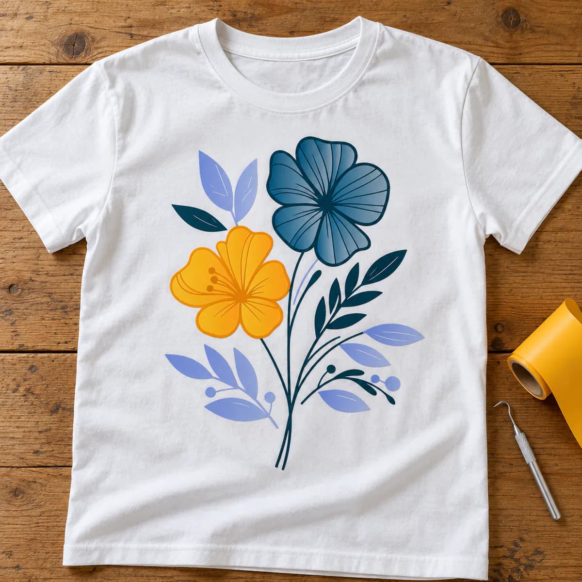 White t-shirt with a floral heat transfer vinyl design