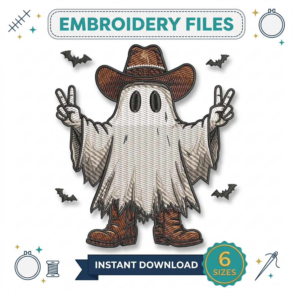 Cowboy Ghost Embroidery Design, Western Halloween Ghost Machine Embroidery File, Spooky Cowboy Hat, Instant Download — image 1