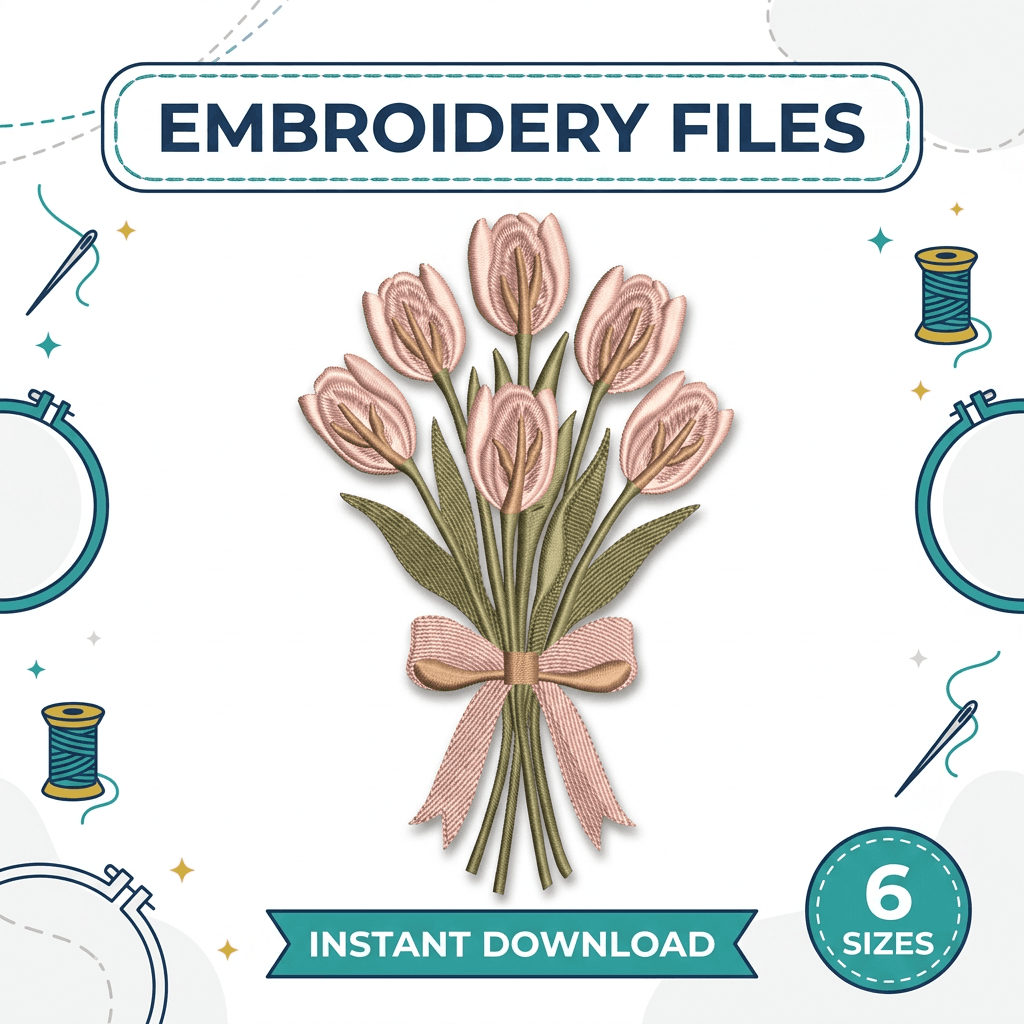 Pink Tulip Bouquet Embroidery Design, Spring Floral Machine Embroidery File, Tulip Flower Ribbon Pattern PES DST JEF, Instant Download — image 1