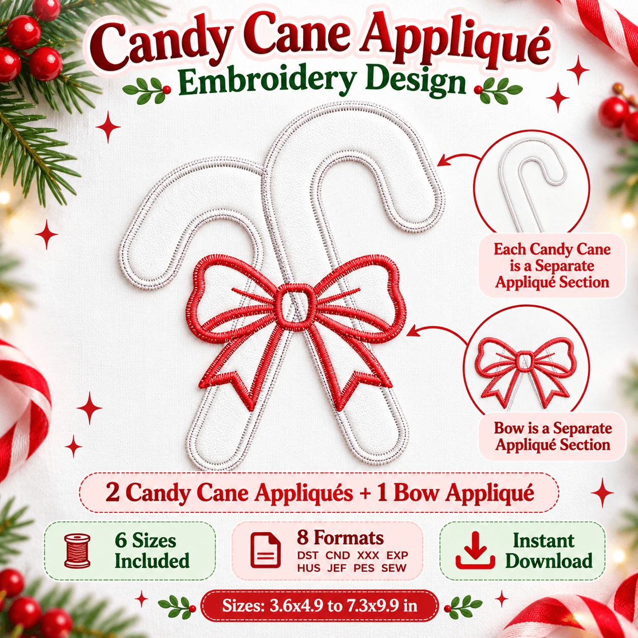 Christmas Candy Cane Applique with Bow, Machine Embroidery Design, 6 Sizes: image 1