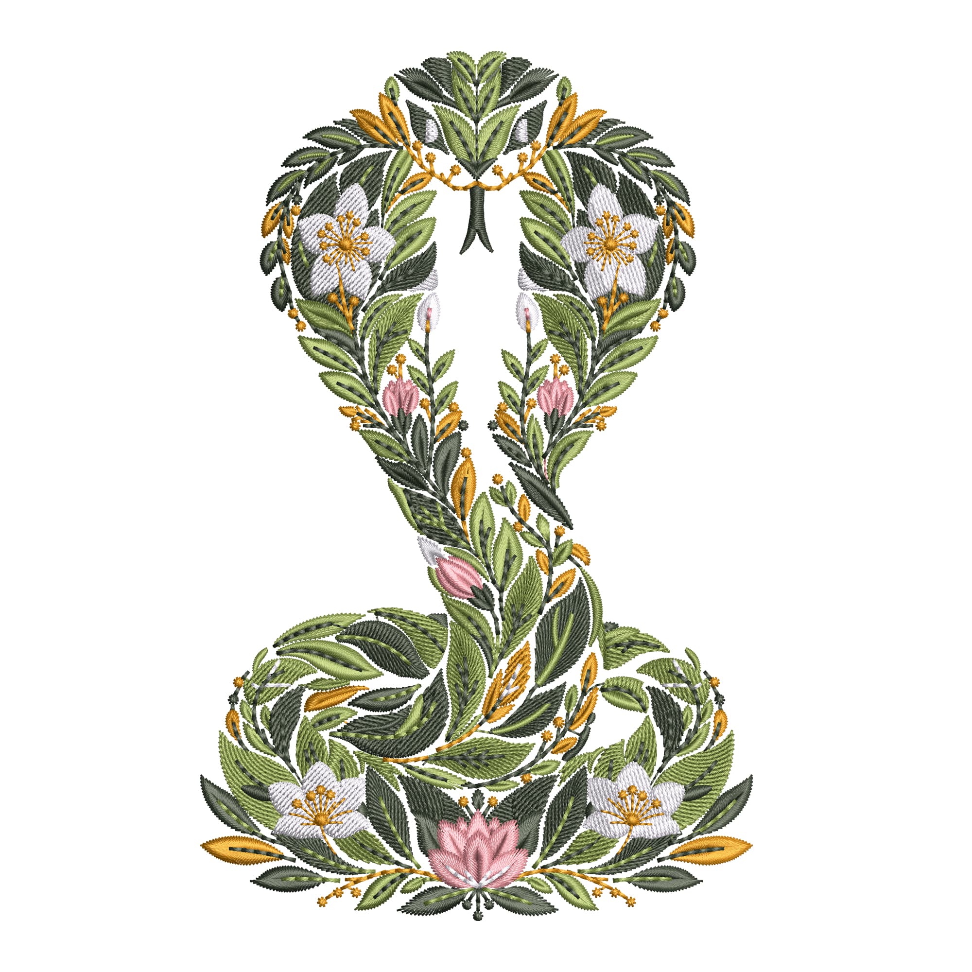 Floral Snake Embroidery Design, Cobra Embroidery Pattern, Botanical Serpent Machine Embroidery File, Snake Flower — image 1