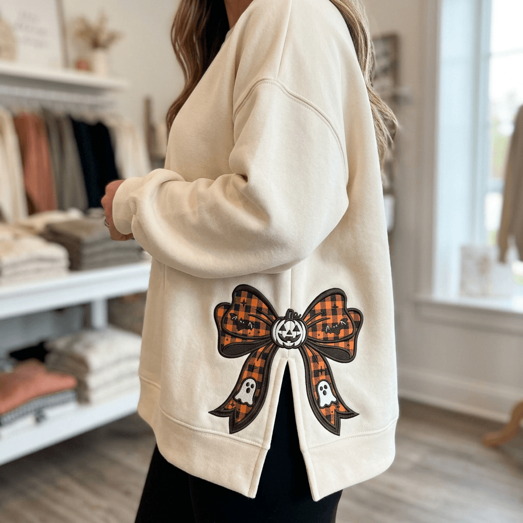 Halloween Applique Bow Embroidery Design, Pumpkin Bow Embroidery File, Ghost & Bat Bow, Side Bow Slit Applique Embroidery ā image 1