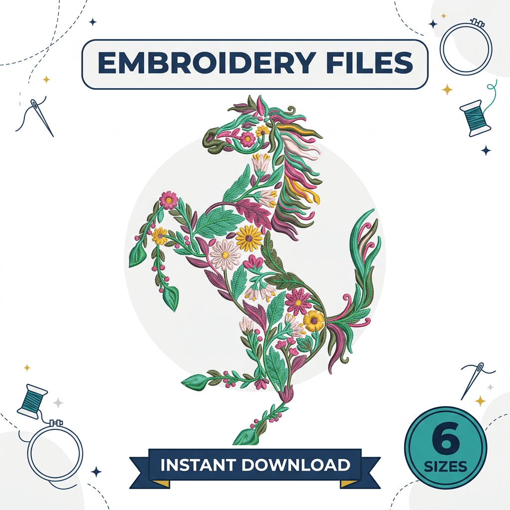 Floral Roaring Horse Embroidery Design, Botanical Horse Machine Embroidery, Wild Horse Floral Embroidery File, Horse Digital Download — image 1