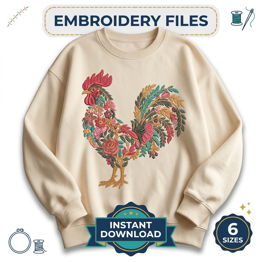 Botanical Rooster Embroidery Design, Floral Rooster Machine Embroidery, Farmhouse Chicken Embroidery, Rooster PES DST Download — image 1