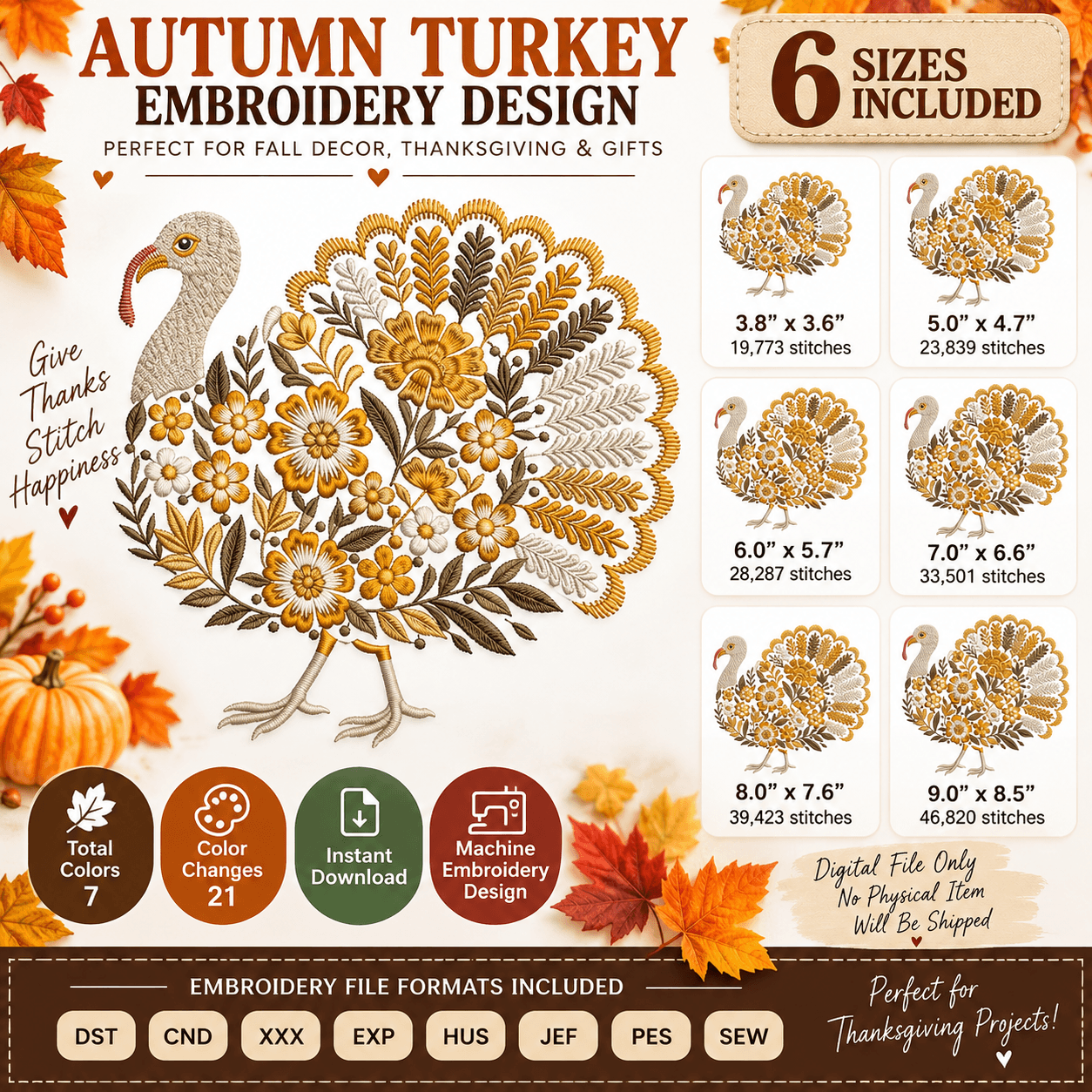 Autumn Turkey Embroidery Design, Thanksgiving Turkey Embroidery Pattern, Fall Floral Turkey PES, Machine Embroidery Digital Download — image 1
