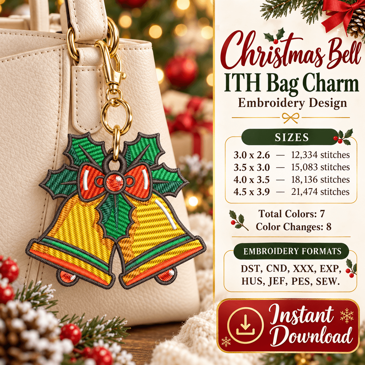 Christmas Bell ITH Bag Charm Embroidery Design, In The Hoop Keychain, Holiday Bell Ornament, ITH Zipper Pull, Machine Embroidery File — image 1