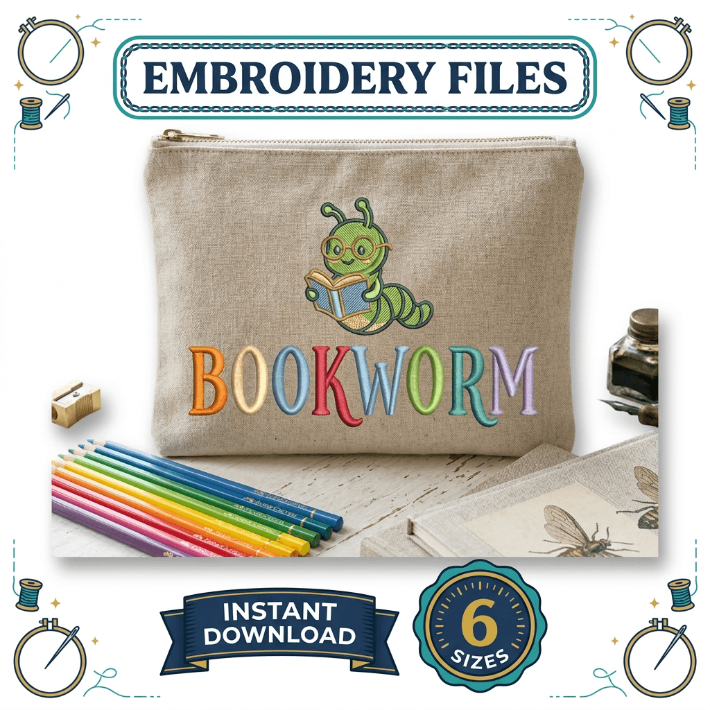 Colorful Bookworm Embroidery Design, Reading Caterpillar Machine Embroidery File, Book Lover Gift, Back to School Design β image 1