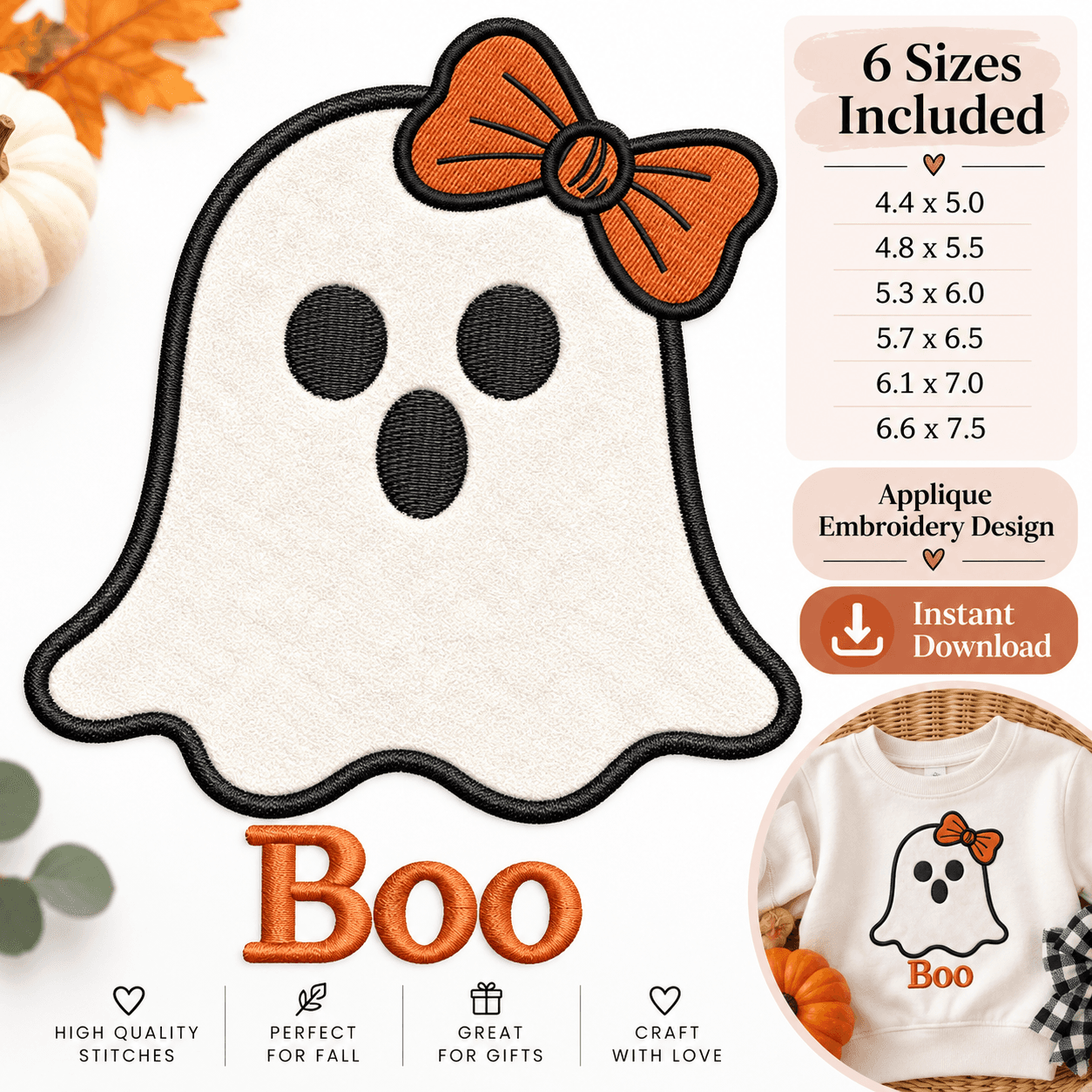 Cute Boo Ghost Applique Embroidery Design, Halloween Ghost Machine Embroidery File, Spooky Boo Applique, Halloween Embroidery Download — image 1