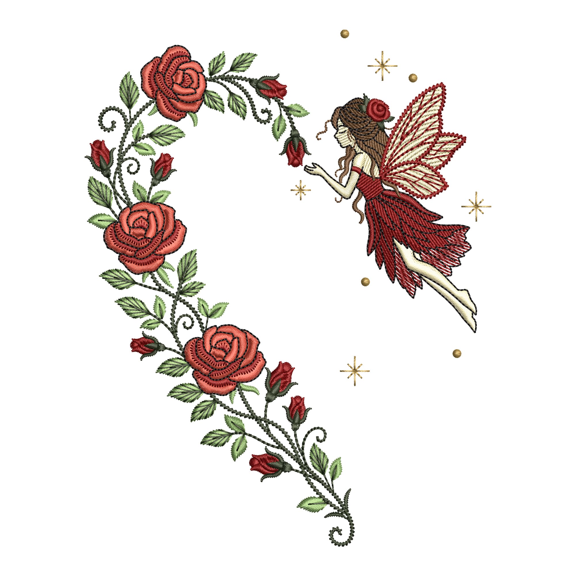 Fairy Rose Embroidery Design, Floral Fairy Machine Embroidery Pattern, Fantasy Fairy Embroidery File, Instant Download, 6 Sizes — image 1