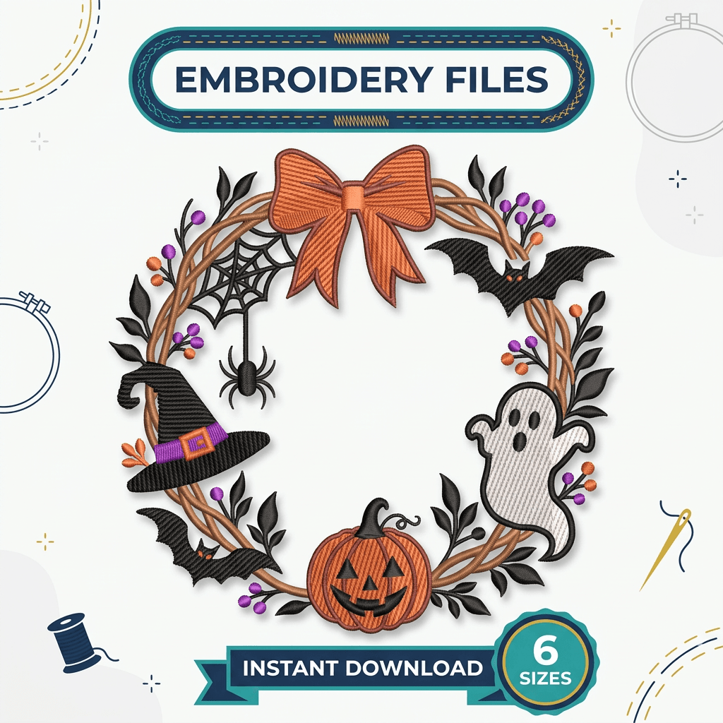 Halloween Wreath Embroidery Design, Spooky Wreath Machine Embroidery, Pumpkin Ghost Bat Embroidery, Fall Halloween Embroidery File — image 1