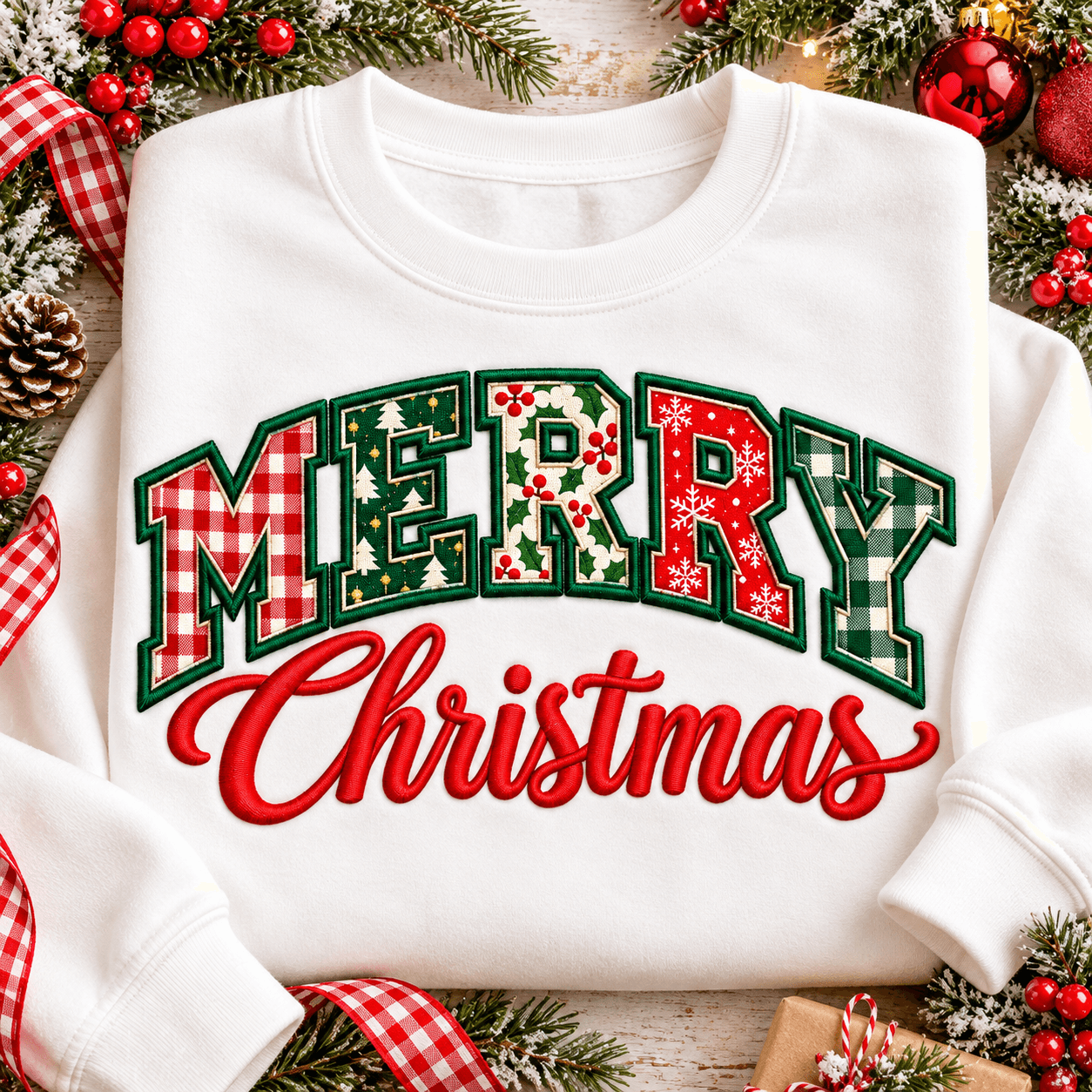 Merry Christmas Applique Embroidery Design, Collegiate Merry Applique, Christmas Sweatshirt Embroidery, PES DST JEF, 4 Sizes: image 1